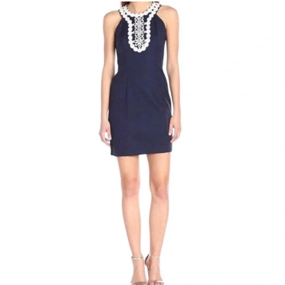 Just Taylor Navy Blue Embroidered Halter Dress 4